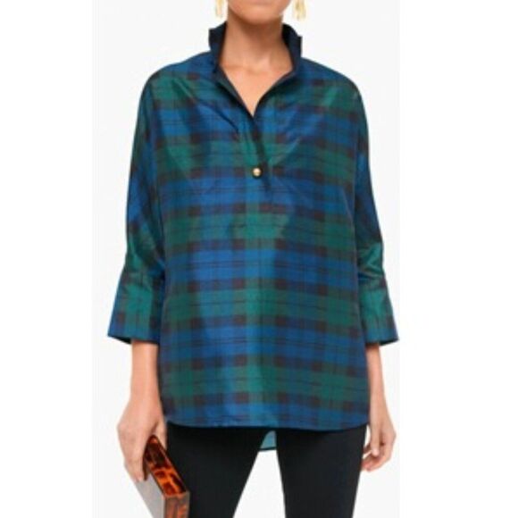 Tuckernuck Blackwatch Plaid French Cuff Celine Blouse Plus Size Green Blue XXL